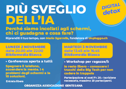 Più sveglio dell'IA, conferenza per tutti e seminario per ragazzi con Mario Sgarrella, liberatore digitale. 2 e tre novembre alla Bibliomedia di Biasca